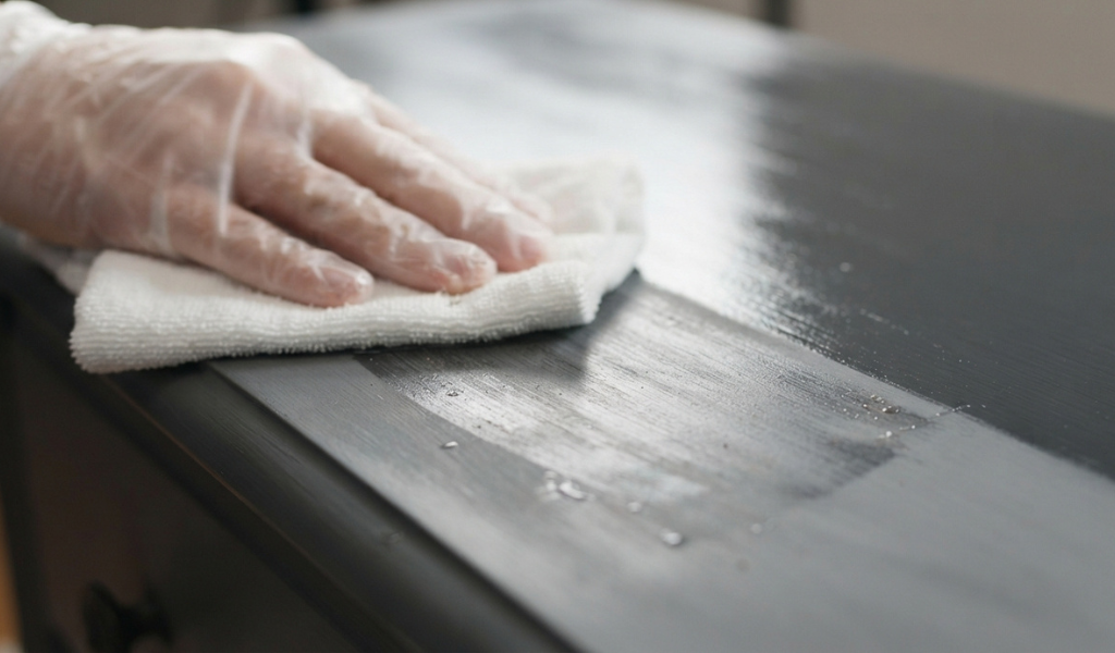 Wiping liquid sandpaper onto a painted furniture surface with a cloth.