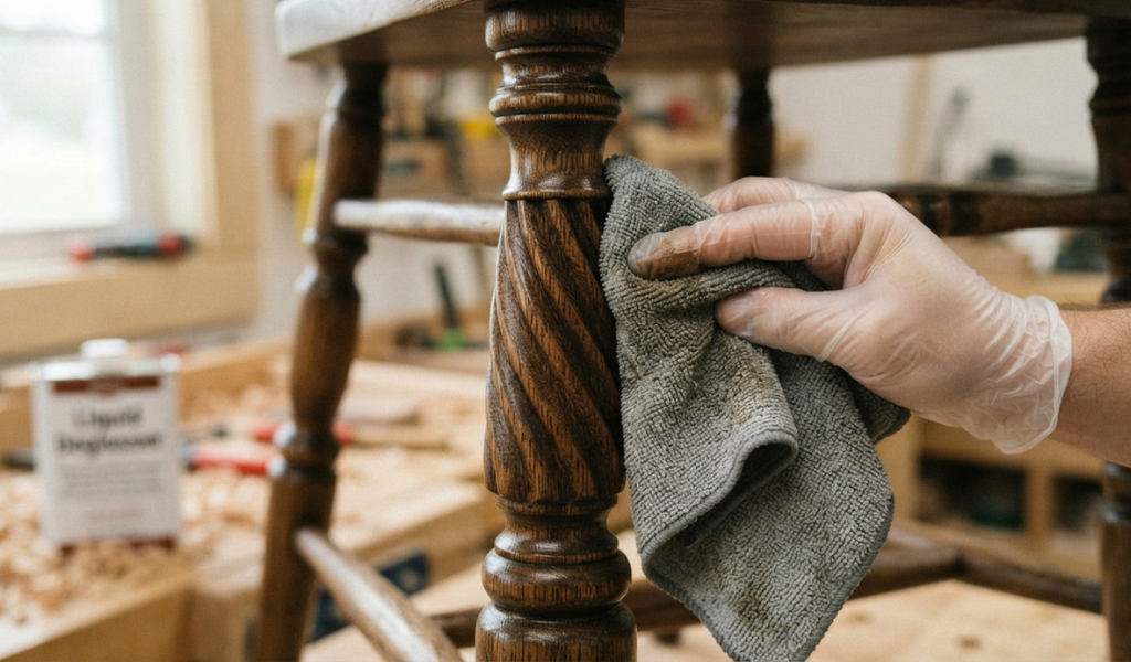 Wiping liquid deglosser onto the detailed spindles of an ornate wooden chair.