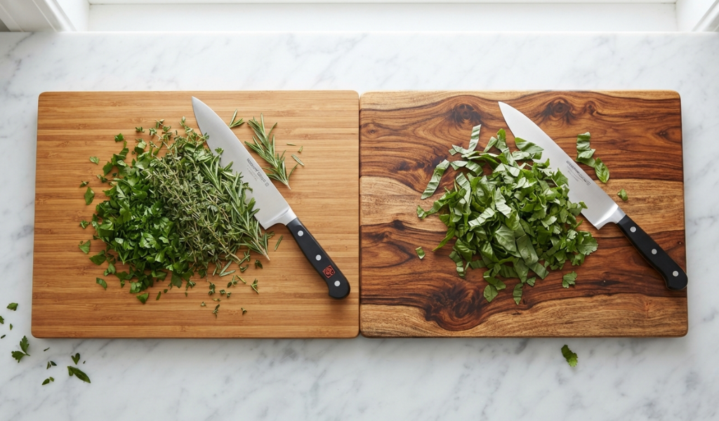 Teak and acacia wood cutting boards side-by-side on a marble kitchen counter with fresh herbs and a chef knife