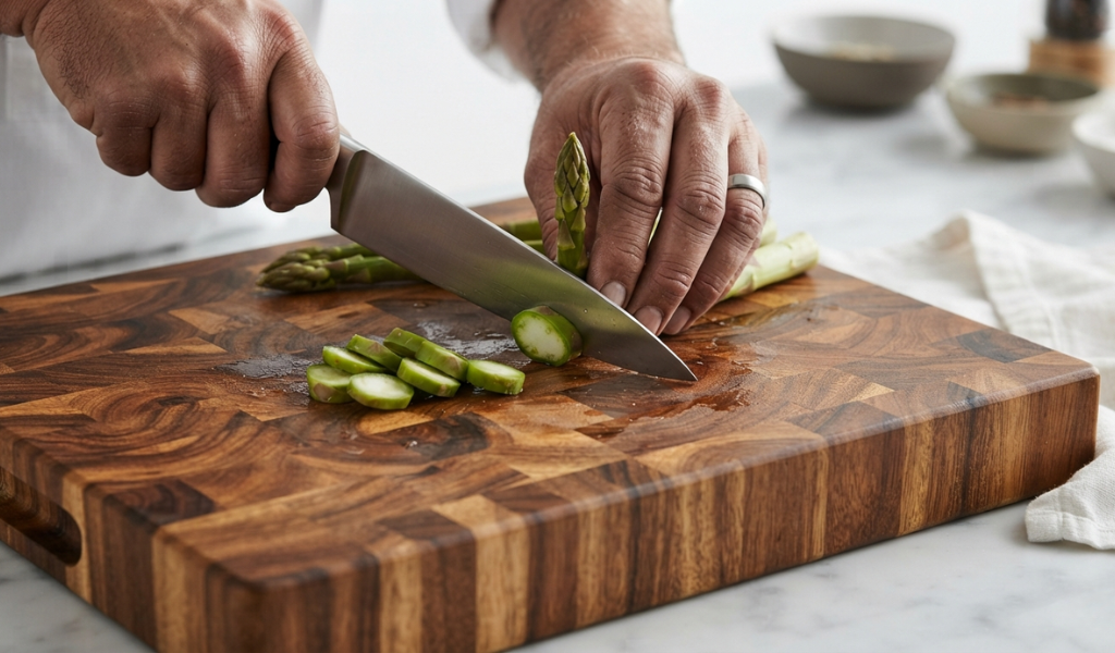 Chef slicing vegetables on a dense acacia end-grain cutting board in a well-lit kitchen