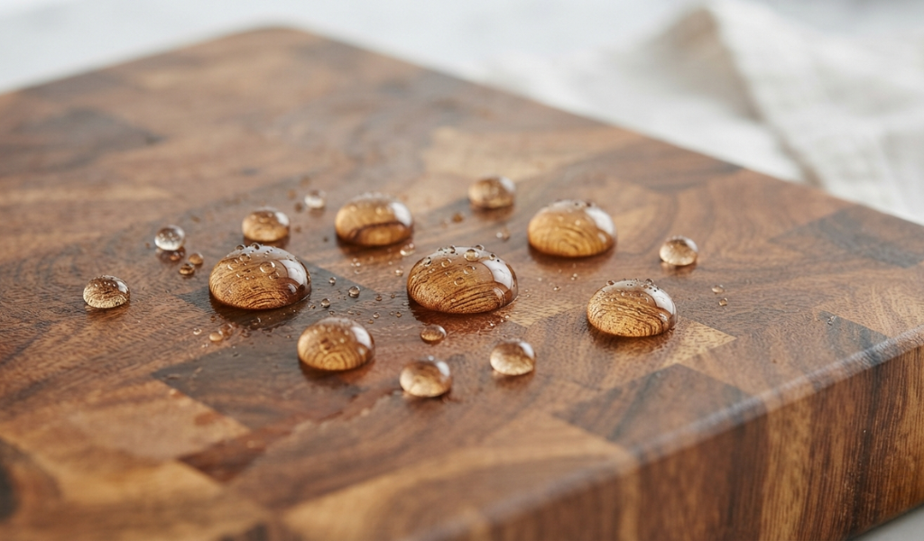 Macro photo of water droplets beading up naturally on a protective teak cutting board surface