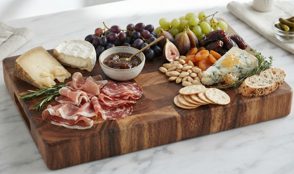 Striking multi-toned acacia wood board styled with artisan cheeses and fruits as a serving platter