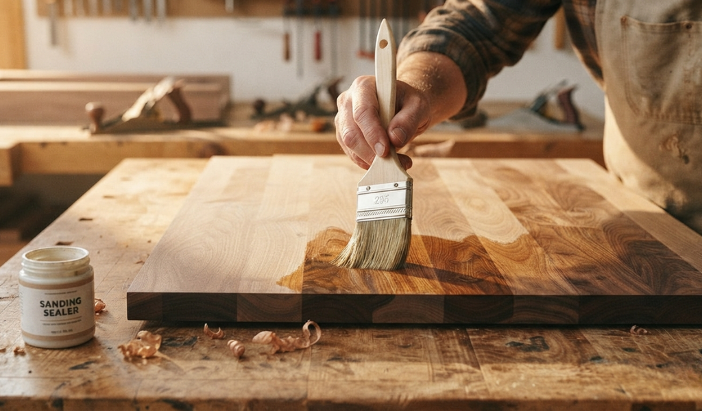 Applying a thin and even coat of sanding sealer along the grain of a hardwood board