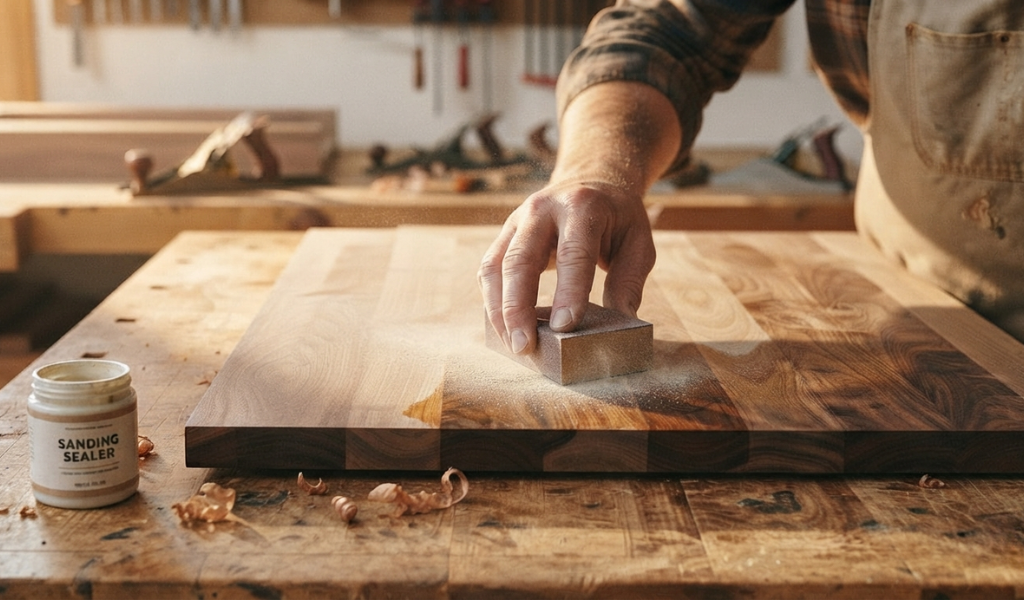 Hand using a sanding block to smooth a dried coat of sanding sealer on wood