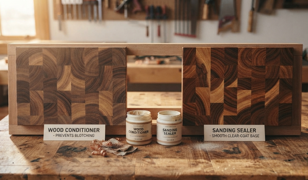 Side-by-side wood samples comparing the application of wood conditioner versus sanding sealer