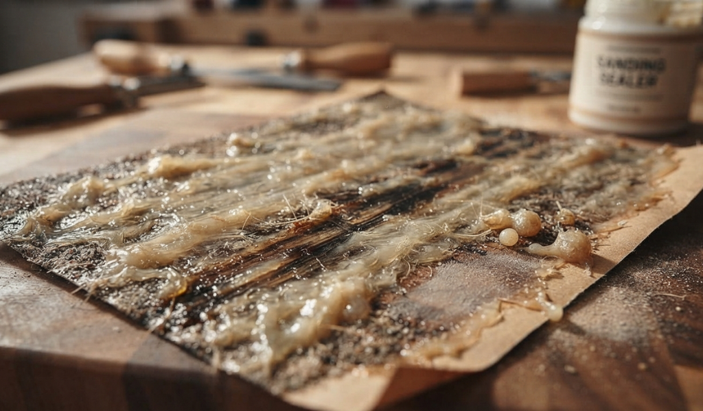 Side-by-side wood samples comparing the application of wood conditioner versus sanding sealer
