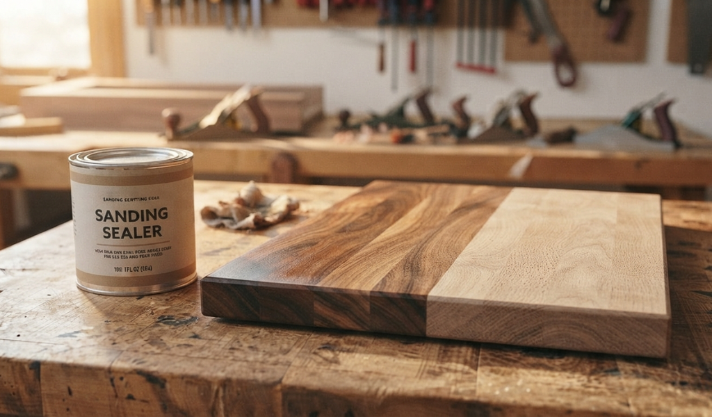 Can of sanding sealer on a workbench next to a wooden board showing sealed and unsealed surfaces