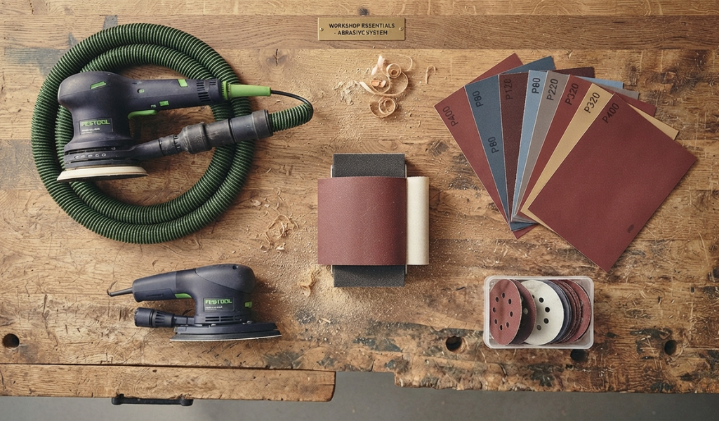 Collection of power sanders and manual sanding tools laid out on a wooden workbench