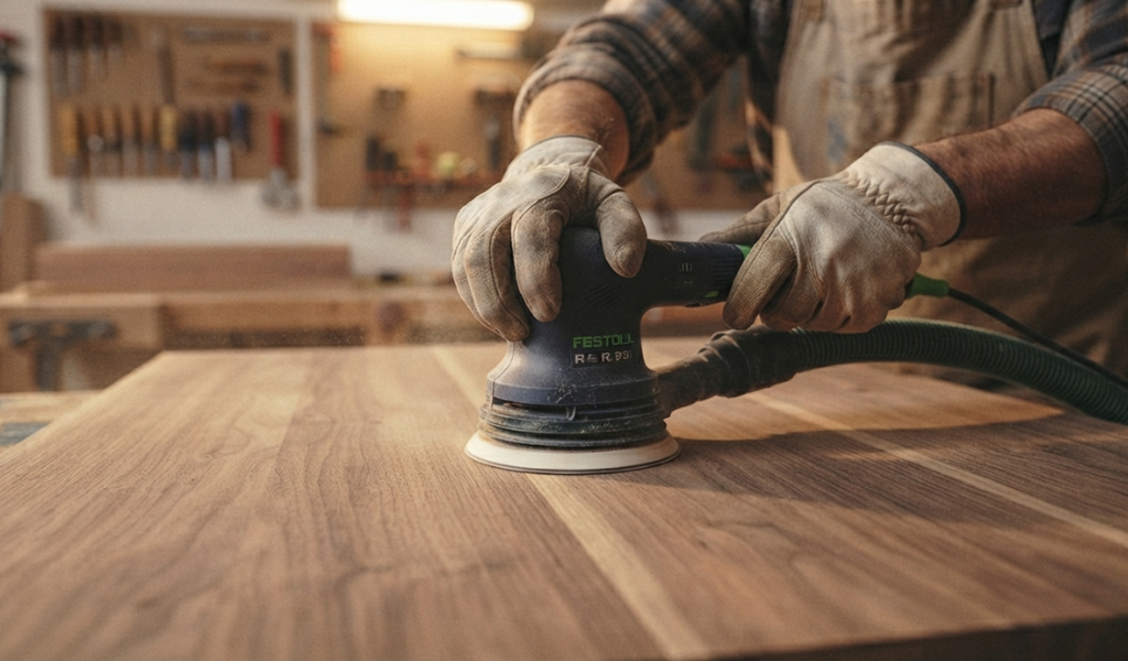 Gloved hands guiding a power sander along the natural grain lines of a wooden board