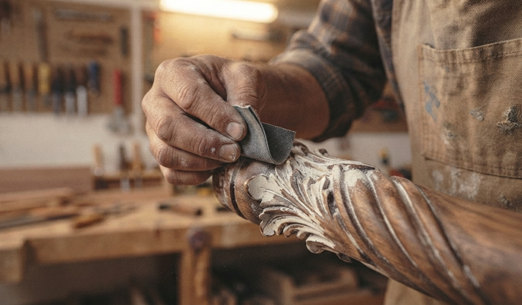 Hand sanding old white paint out of intricate carved details on a wooden furniture leg