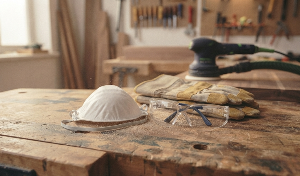 Respirator mask, safety glasses, and work gloves laid out for safe woodworking