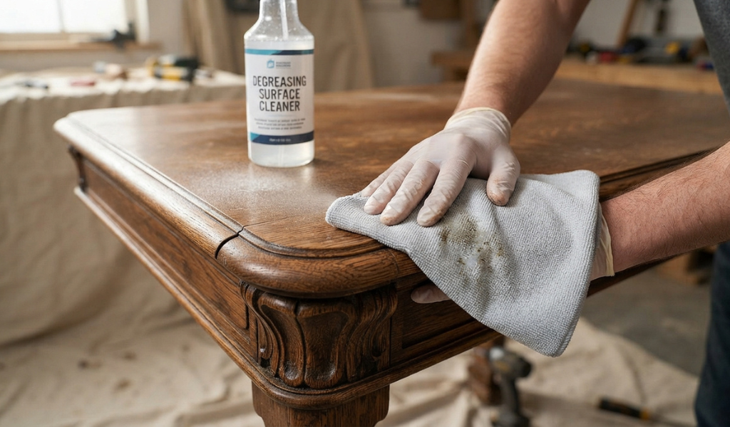 A person cleaning a wooden table with a microfiber cloth and degreaser to prep for painting without sanding.