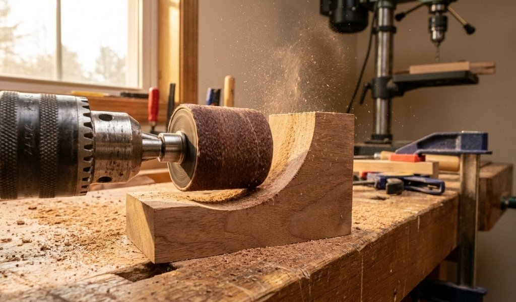 sanding drum drill attachment shaping curves in wood