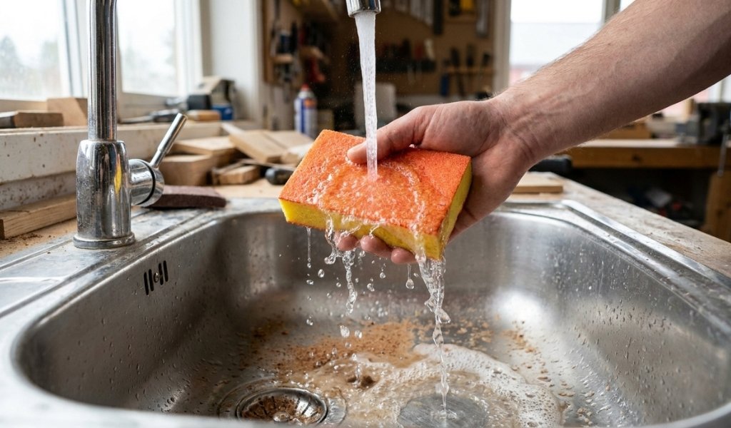 Rinsing wood dust off a washable and reusable sanding sponge under running water
