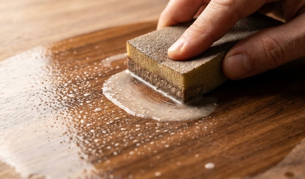 Wet sanding wood surface between finish coats using a fine grit sanding sponge
