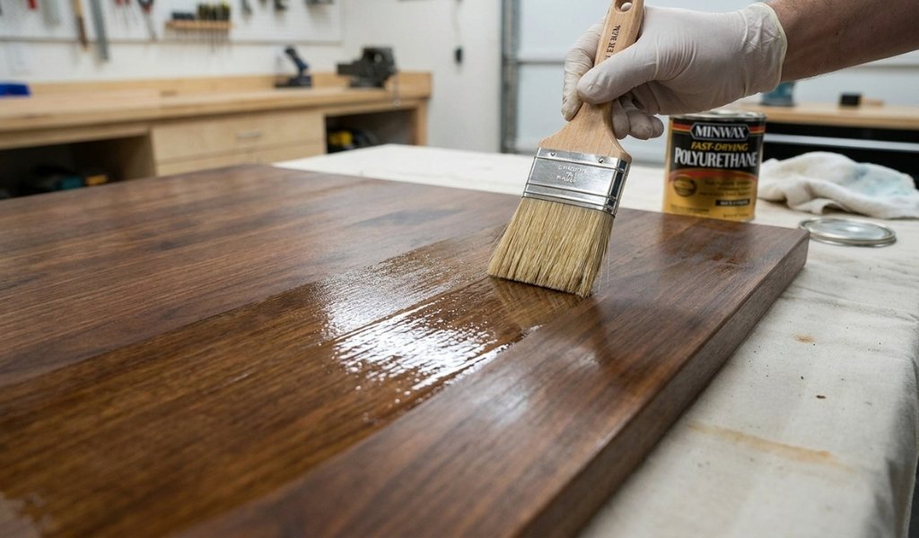 applying clear finish topcoat over stained wood
