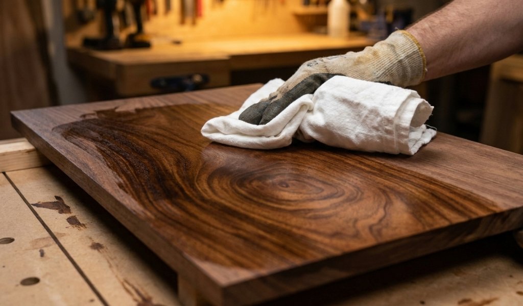 applying and wiping wood stain on a raw wooden board