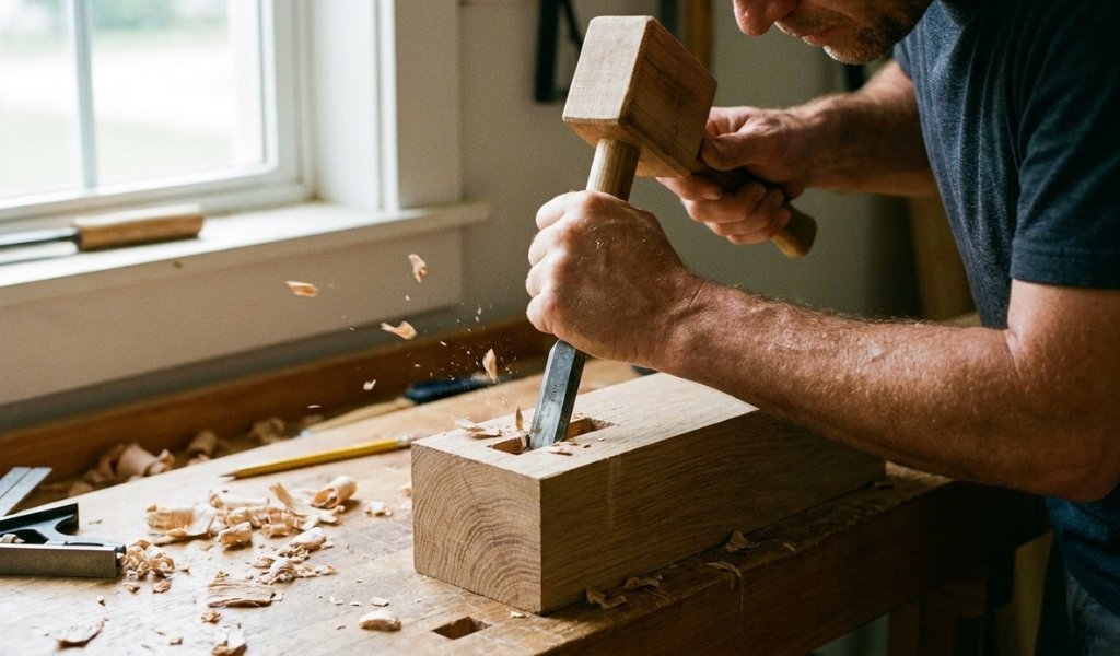 using a bench chisel from a wood chisel set for joinery