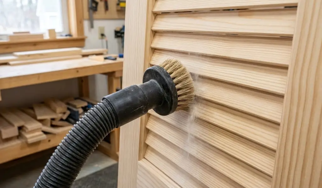 vacuum brush removing fine sanding dust from narrow slats of a louvered door before painting