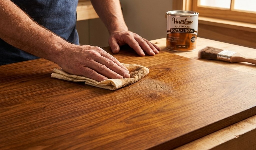 wiping dust off stained wood surface with a tack cloth