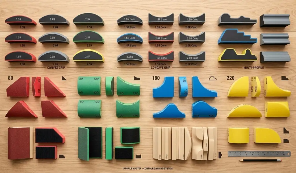 assorted convex and concave manual contour sanding grips for wood trim