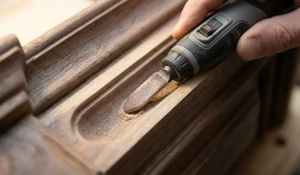 compact powered pen sander sanding inside narrow flutes and tight wood corners