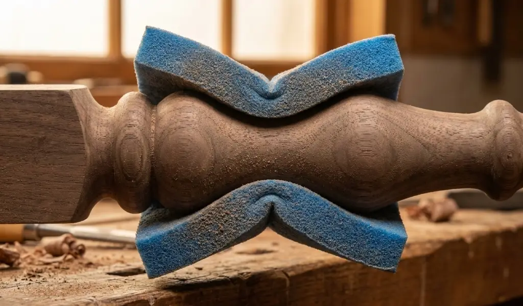 flexible foam sanding sponge conforming to a curved round wooden table leg to prevent flat spots