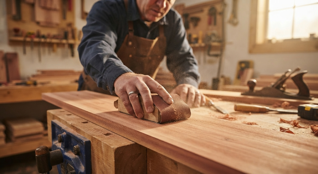 Hand sanding cedar wood in the direction of the grain.