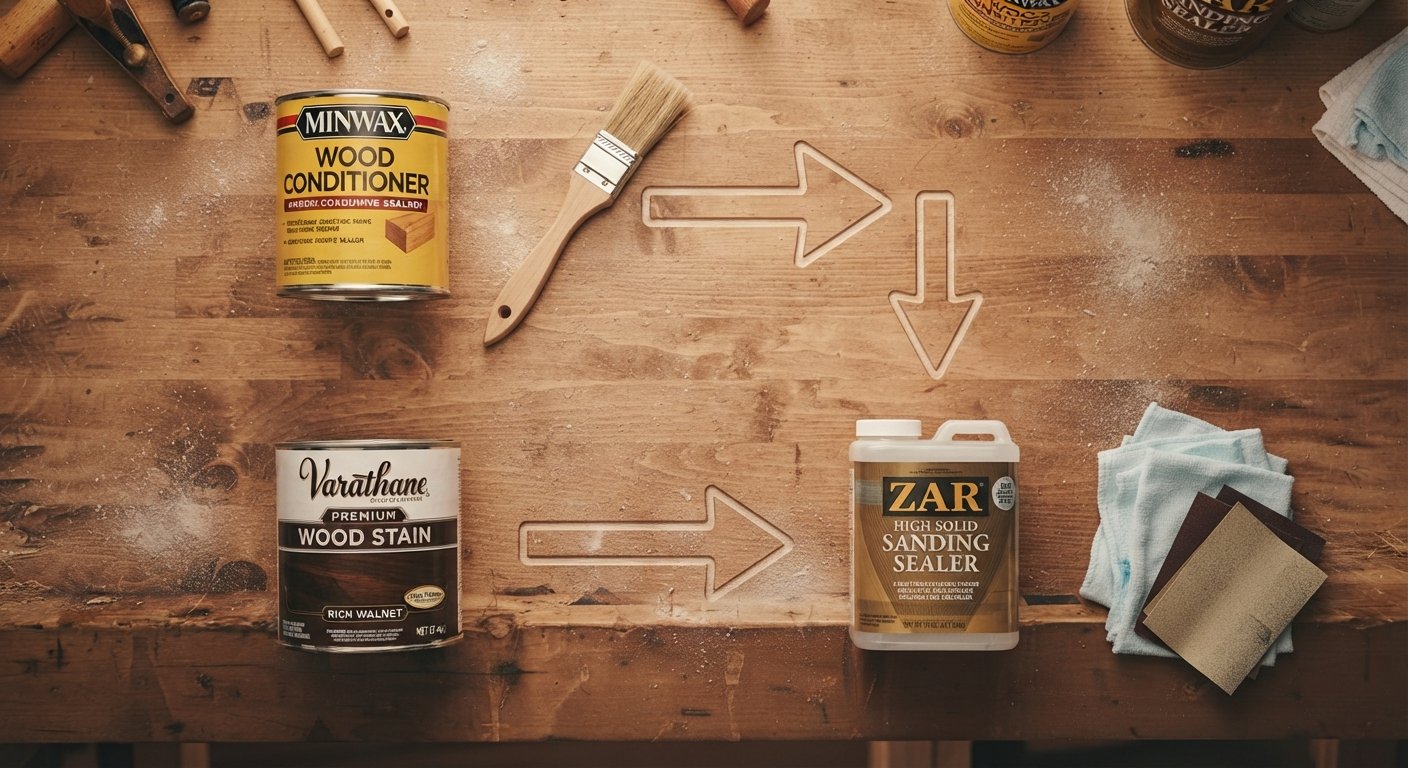 Flat lay of wood conditioner, stain, and sanding sealer arranged with application steps on a workbench.