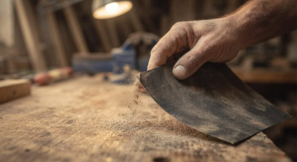 Tapping a sheet of sandpaper against a workbench edge to remove loose dust.