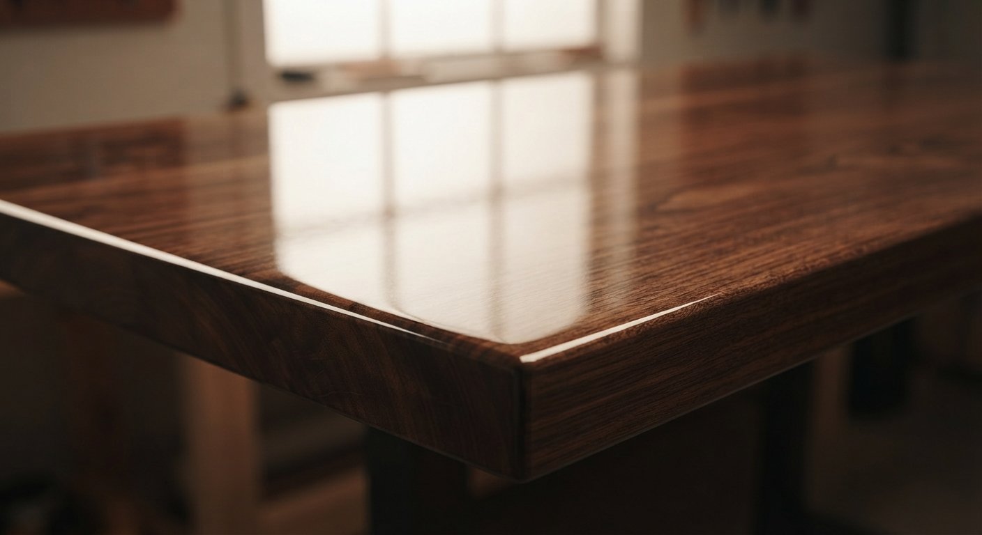 Macro close-up of a finished wooden tabletop with even stain and a glossy clear protective topcoat.
