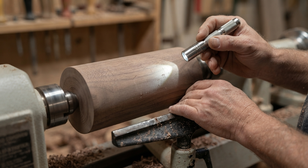 Inspecting a turned wood surface with a flashlight for remaining scratch marks.