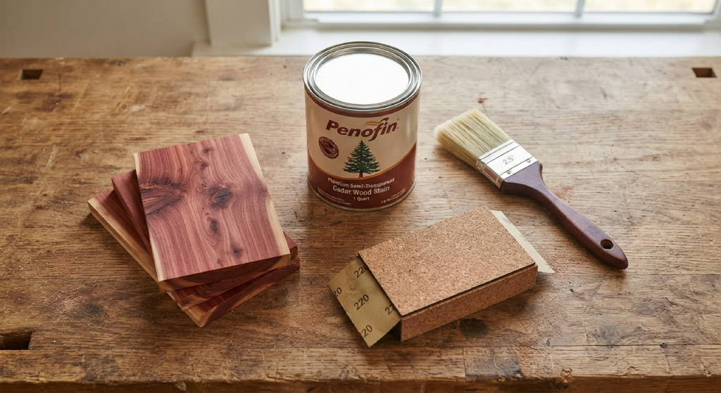 Flat lay of cedar stain, paintbrush, sanding block, and wood samples on a workbench.
