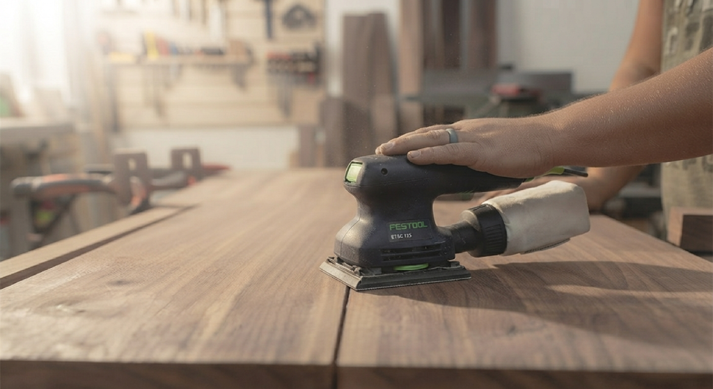 Close-up of a square palm sander base and sanding pad.