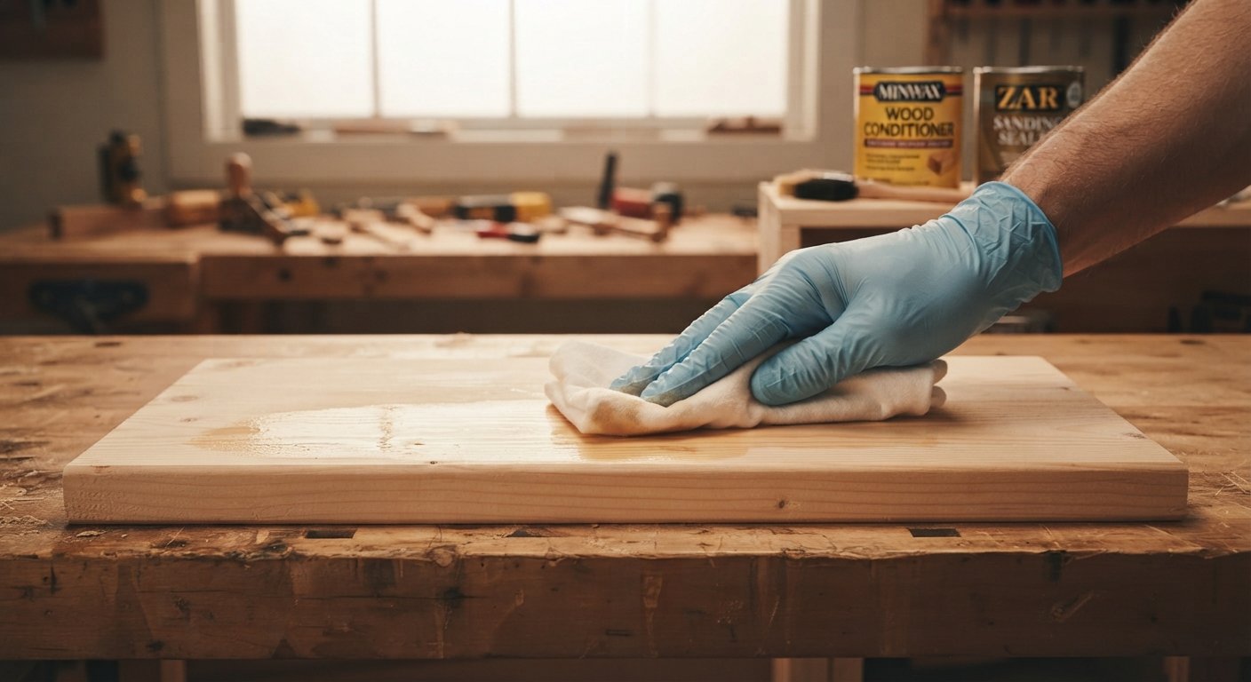 Applying liquid pre-stain wood conditioner to a raw pine board with a cloth.