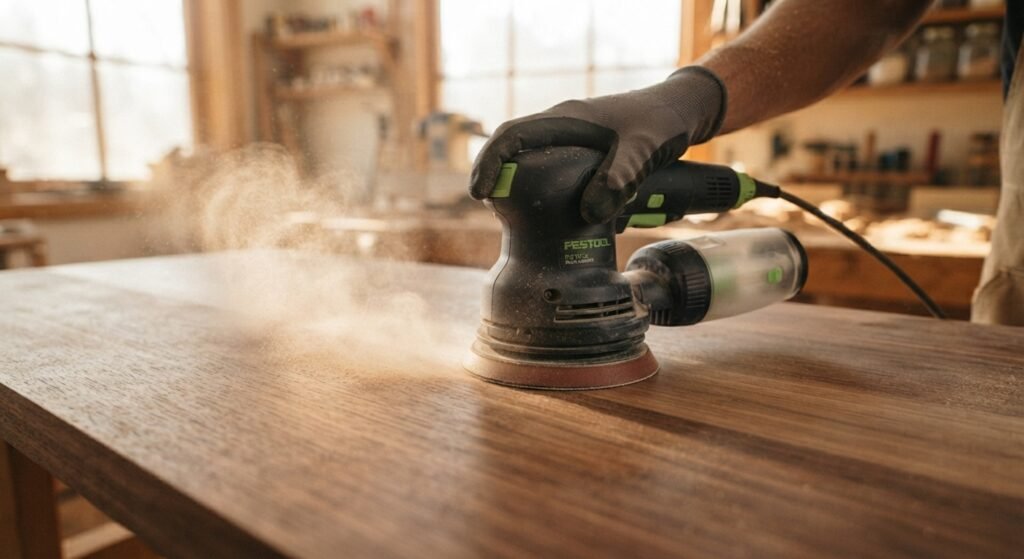 An orbital sander moving along the wood grain of a timber tabletop.