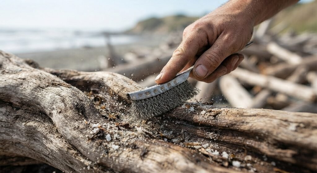 Scrubbing driftwood with a stiff wire brush to remove beach grime.