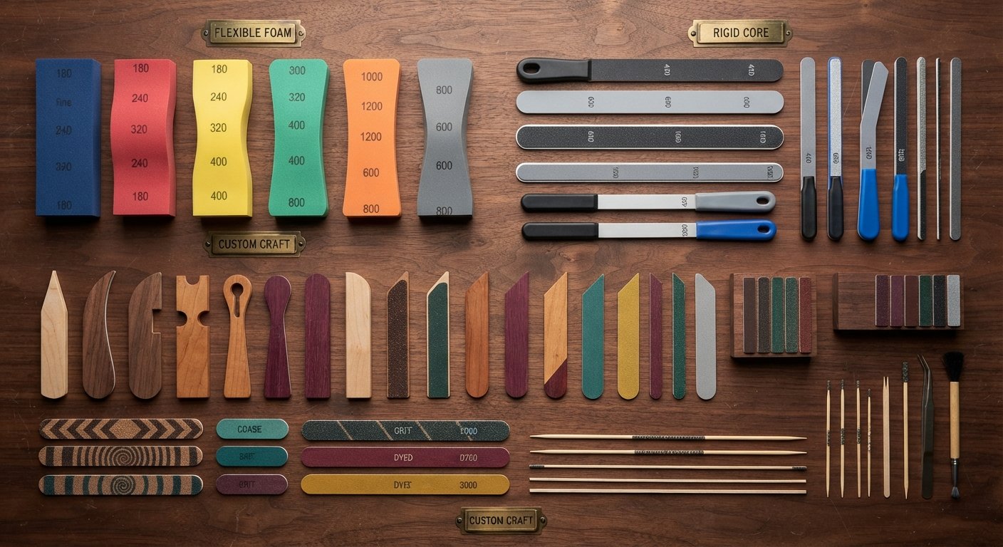 Assorted foam, rigid, and handmade wood sanding sticks arranged on a workbench.