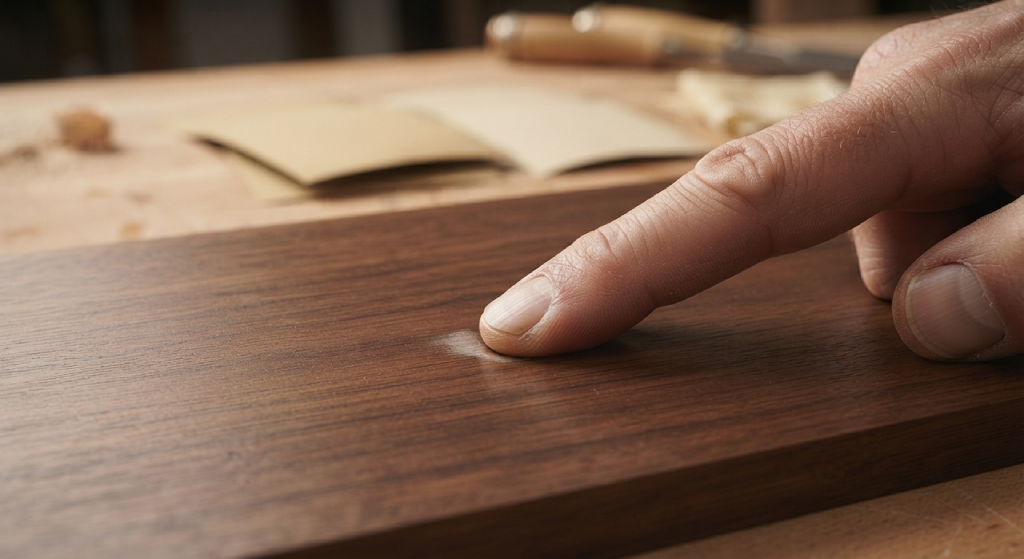 Performing the fingernail test on a dry wood finish.