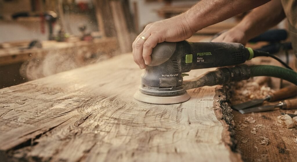 Using coarse grit sandpaper to level saw marks on a live edge wood slab.