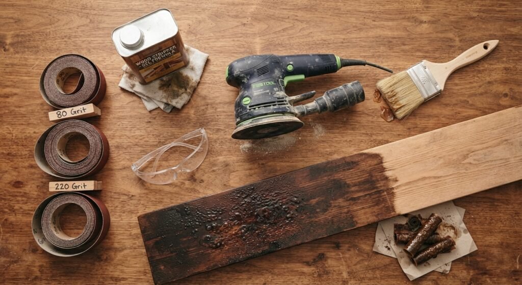 Flat lay of wood staining removal tools including sandpaper, chemical stripper, brushes, and a sander on a workbench.