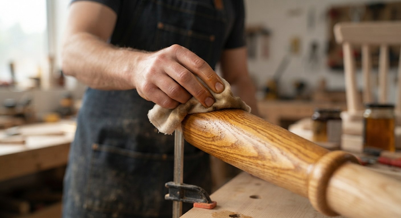 Woodworker applying a finish to an ash wood furniture piece in a workshop.