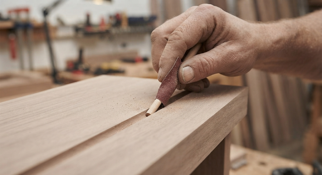 Using sandpaper wrapped around a dowel to sand a narrow wood groove.