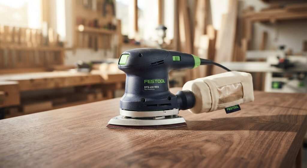Palm sander with an attached dust collection bag on a workbench.