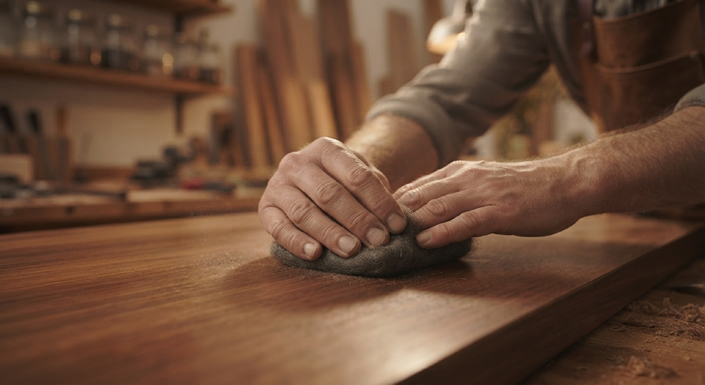 Rubbing a wooden surface with steel wool in the direction of the wood grain.