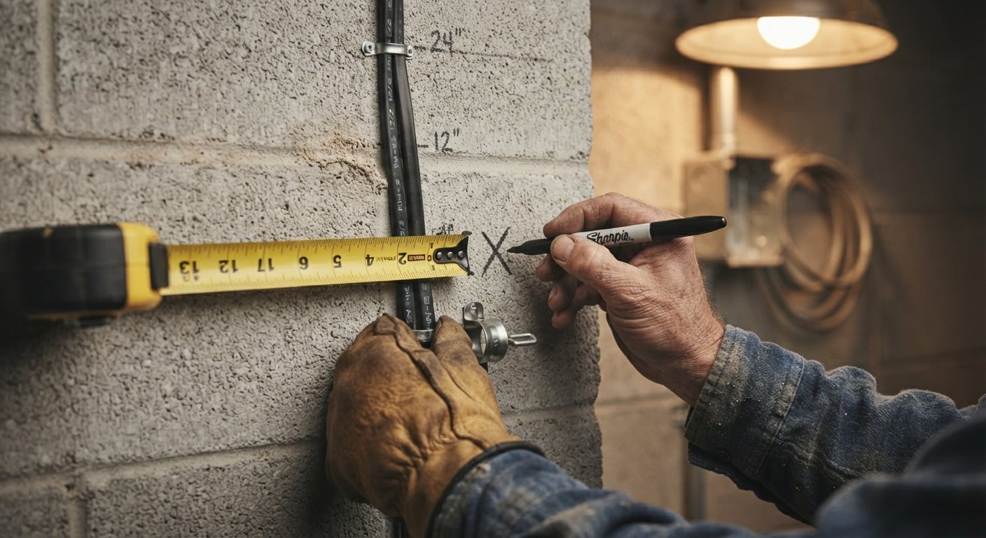 Measuring and marking cable clamp spacing intervals along a wall.