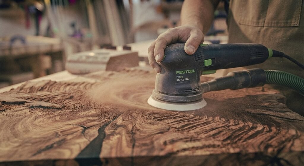 Hand sanding a mesquite wood slab near an epoxy-filled crack.