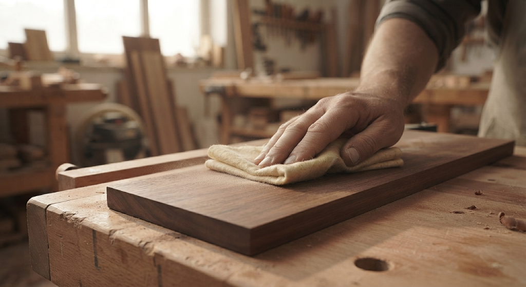 Wiping away fine sanding dust with a tack cloth on a wooden surface.