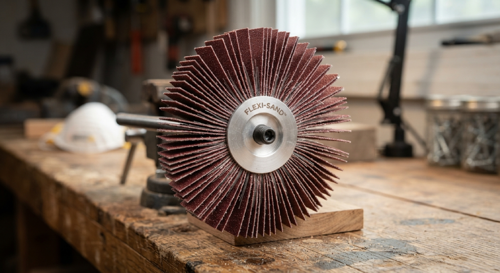 Close-up of a sanding mop showing its central core and flexible abrasive flaps.
