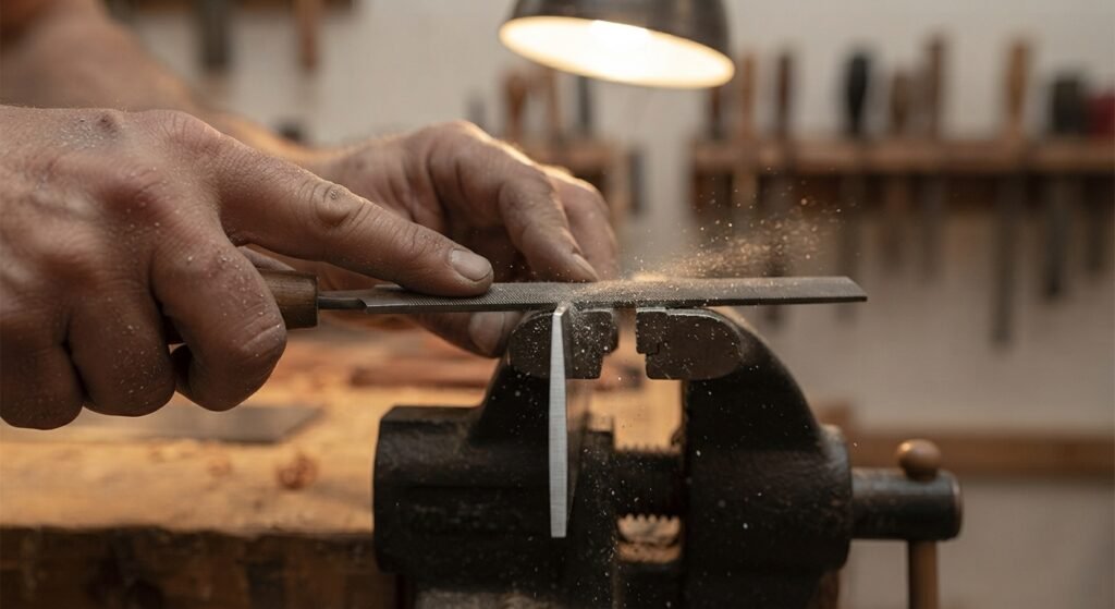 Filing the edge of a card scraper in a bench vise.